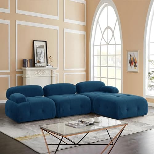 Antetek Modern Velvet L-Shaped 3-Seater Sofa with Movable Ottoman, 93-inch L Couch Furniture Set, Pink