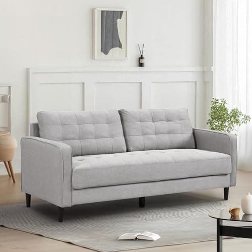 Antetek 74 inch Modern Linen Tufted 3 Seater Sofa Couch, Comfy Oversized Loveseat for Living Room, Bedroom, Office - Light Grey