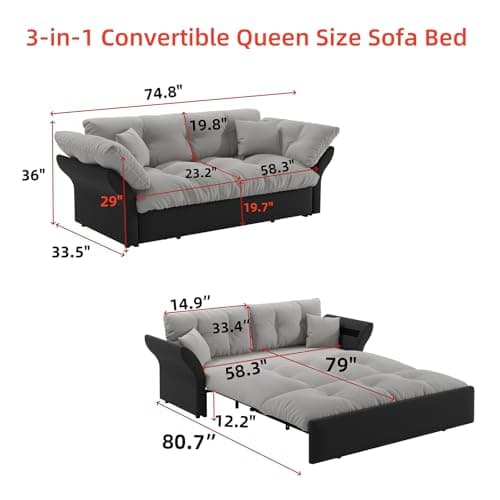 Luxury Grey 74.8" Pull Out Sofa Bed Velvet Couch (RV, Living Room)
