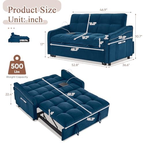 Modern 3-in-1 Sleeper Sofa with USB & Type C Port, 52 Small Velvet Loveseat Bed for Small Spaces - Blue