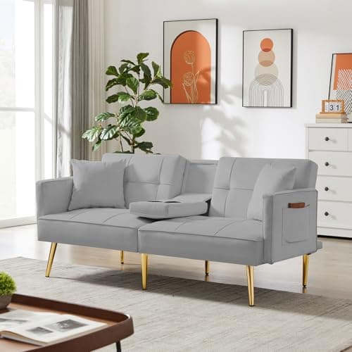 Antetek Convertible Futon Sofa Bed, 69-inch White Tufted Velvet Sleeper Couch