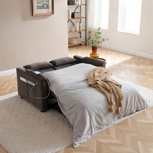 Antetek Grey Comfy Velvet Convertible Sleeper Sofa Bed with Adjustable Backrest