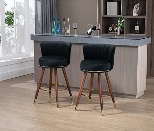 Mid Century Gold Ring Velvet Swivel Bar Stool Set (Black)
