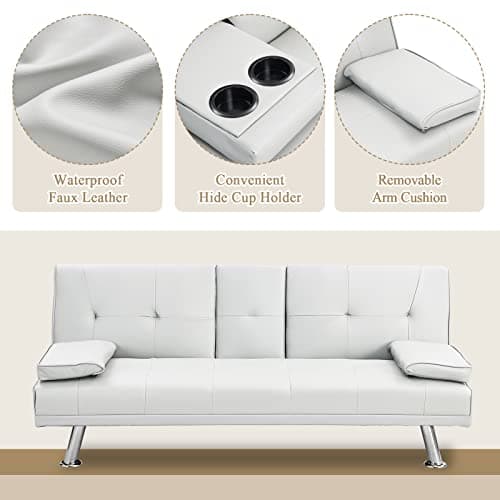 Modern Futon Sofa Bed with Adjustable Positions and Cup Holder - White
