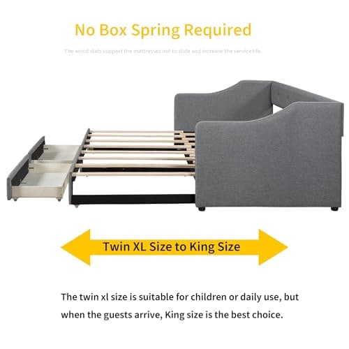 Gray Extendable Linen Daybed with Drawers and Pop-up Guest Bed