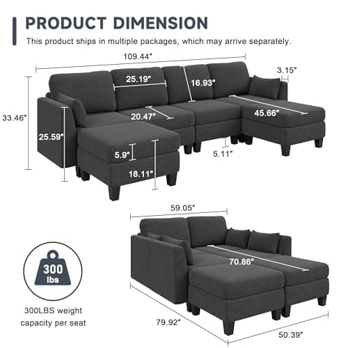 Dimgrey 6 Seat Convertible U Shaped Sectional Sofa, High Density Memory Foam