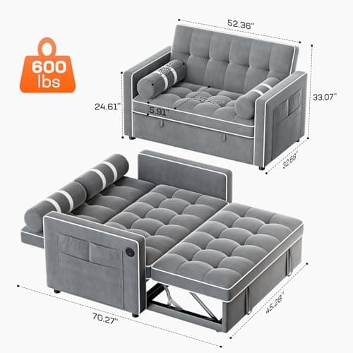 Amada 3-in-1 Convertible Couch Bed, Living Room Futon with USB Pockets (Grey)