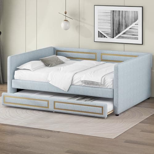 Modern Full Size Upholstered Bed with Backrest & Trundle, Blue