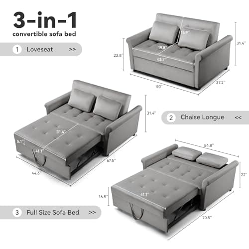 COMHOMA 3-in-1 Convertible Sofa Bed, 55" Sleeper Loveseat (Grey)