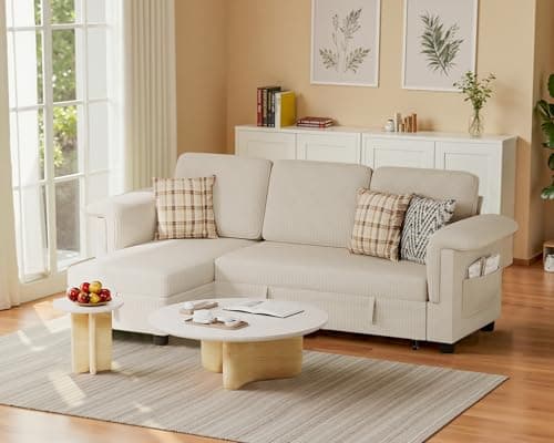 Homall L-Shaped Sleeper Sofa with Storage, Beige Linen Fabric
