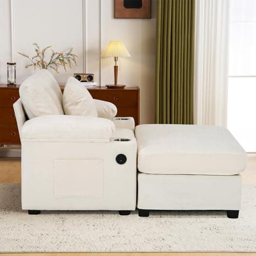 Antetek Beige Chaise Lounge Chair with Ottoman & Storage Armrest