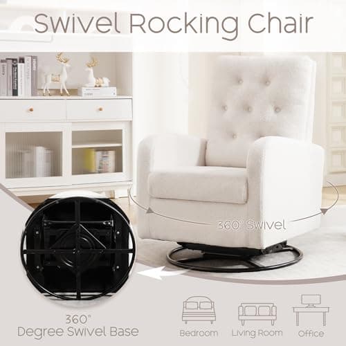 Modern Swivel Glider Rocking Chair with Storage Pocket for Living Room and Nursery White