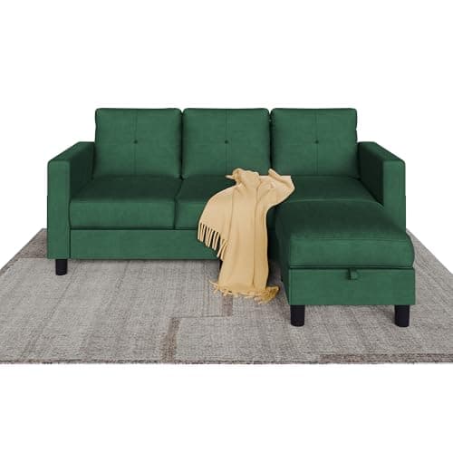 Shintenchi Green 3-Seater L-Shaped Sectional Sofa with Ottoman and Reversible Chaise