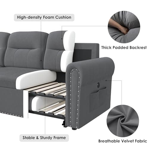 Dark Grey Velvet Reversible Sleeper Sofa Bed with Storage Chaise & Nailhead Armrest