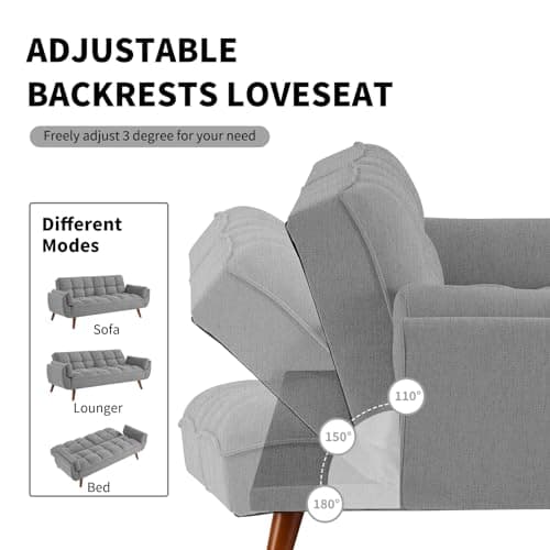 Gray Linen Convertible Futon 3-Seater Sofa Bed with Adjustable Backrests