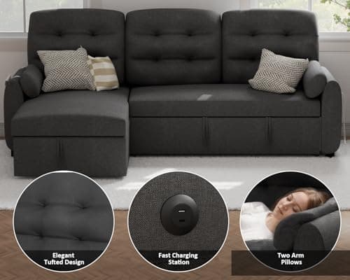 87 Sleeper Sectional Sofa Bed with Storage Chaise - Dark Grey Linen Fabric
