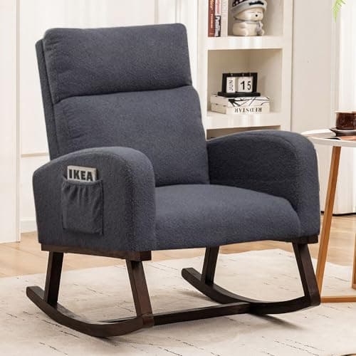 Sherpa Nursing Rocking Chair, Upholstered Glider with Side Pocket, Light Grey