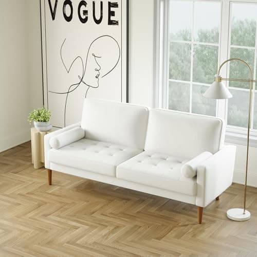 Mid Century Modern Beige Tufted Velvet Love Seat Sofa, 56" Comfy 2 Seater