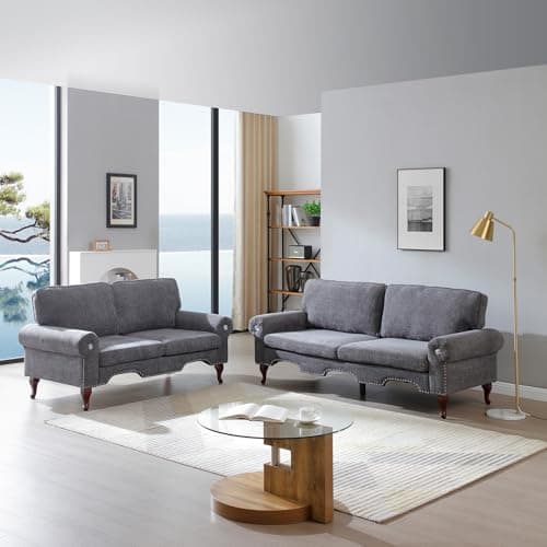 Antetek Grey 80-inch 3-Seater Couch with Crystal Tufting & Nailheads Trim