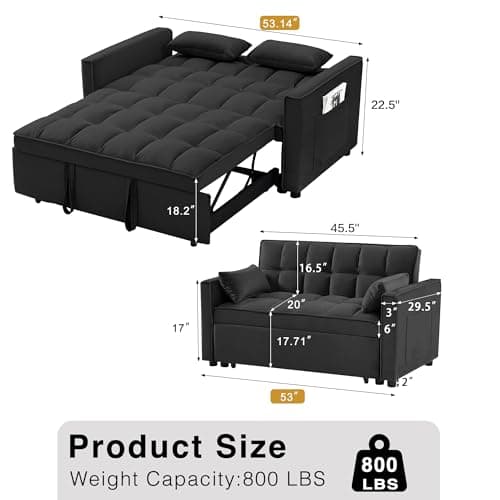3 in 1 Convertible Sleeper Sofa Bed, Black Velvet Living Room Couch with Side Pocket | Adjustable Backrest