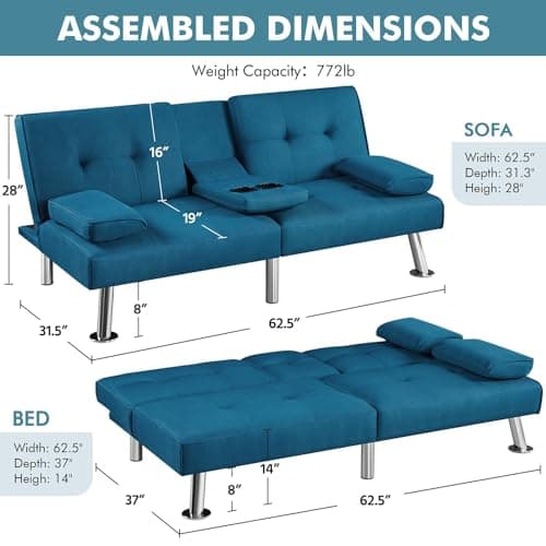 Yaheetech Aqua Blue Reversible Folding Sofa Bed with Removable Armrests