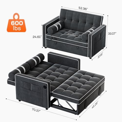 Amada 3-in-1 Convertible Sleeper Sofa Bed, Black | Futon Couch with USB Ports & Velvet Fabric