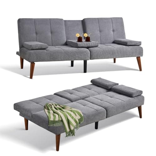 COLAMY Convertible Futon Sofa Bed - Light Grey with Cup Holders