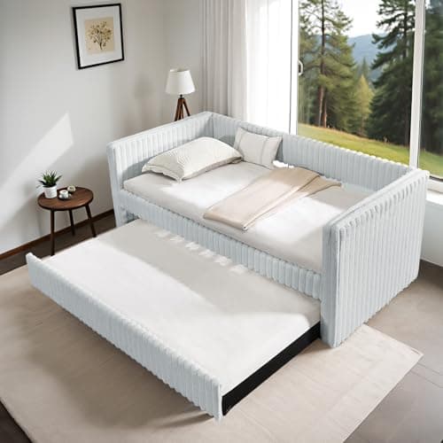 Antetek Gray Striped Corduroy Twin Daybed with Trundle, Small Space Bedroom