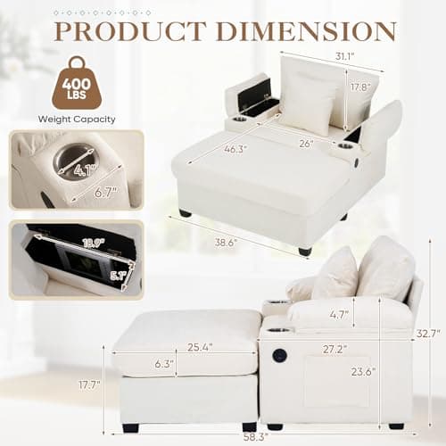 Antetek Beige Chaise Lounge Chair with Ottoman & Storage Armrest