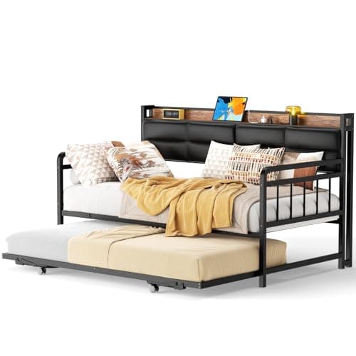 Homieasy Rustic Brown Twin Daybed with Trundle & Charging Station