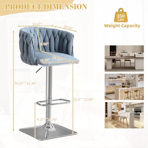 Antetek Modern Swivel Bar Stool Set, Adjustable Height, Woven Back, Silver Base, Blue Teddy