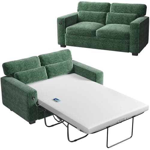 Marsail Full Size Pull Out Sofa Bed with Memory Foam, 2 USB, Grey Chenille Fabric