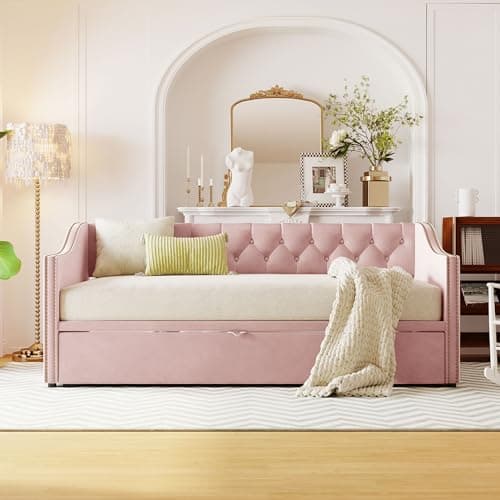 Extendable Velvet Upholstered Daybed with Pop-Up Trundle, Pink Bed Frame (Twin to King)