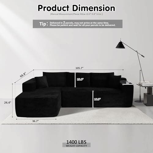 Ovios 104" L-Shape Chaise Cloud Sectional Sofa, Black (Corduroy Fabric)