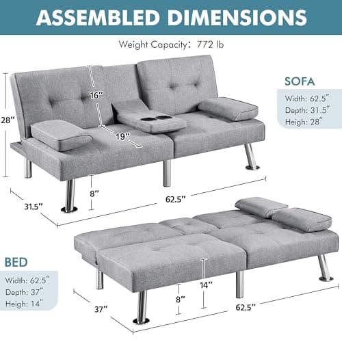 Yaheetech Light Gray Reversible Couch Bed with Removable Arms & Cup Holders