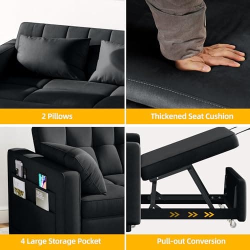Black 55" 3-in-1 Convertible Sofa Bed with Velvet & Adjustable Backrest