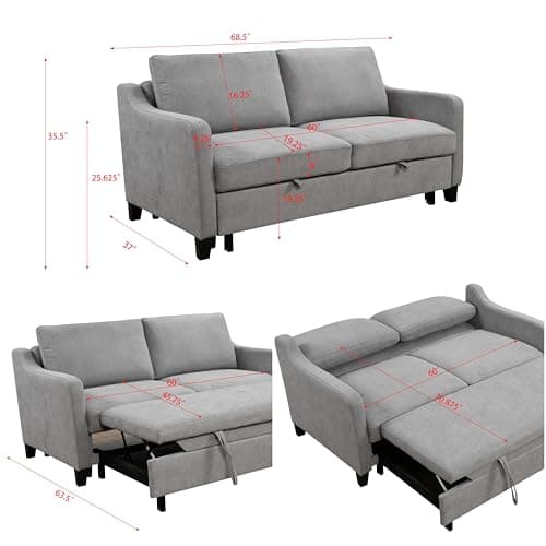 Grey 69'' Queen Size Sleeper Sofa with Adjustable Backrest