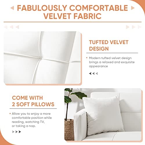 Antetek Convertible Futon Sofa Bed, 69-inch White Tufted Velvet Sleeper Couch