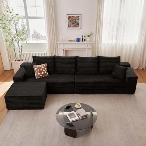 107" Black Right-Facing Chaise Modern Corduroy L-Shaped Sofa
