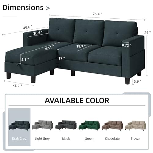 Shintenchi 79 Inch L-Shaped Sectional Sofa, Dark Grey, Living Room Essential