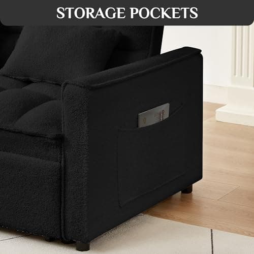 Convertible Sleeper Sofa Couch with Pullout Bed, Loveseat with Storage and Pillows, Modern Futon Couch Bed for RV, Living Room, Bedroom and Small Space in Black Teddy