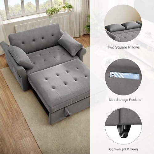 DWVO 3-in-1 Reclining Sleeper Sofa Bed, 56" Loveseat with Storage, Grey