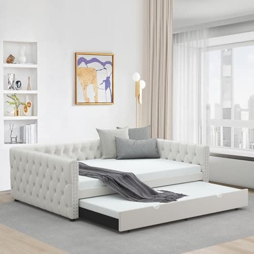 Antetek Full Size Velvet Upholstered Day Bed with Twin Pull Out Trundle for Living Room and Children's Room
| Modern Beige Daybed with Trundle for Living Room and Children's Room, No Box Spring Needed
| Antetek Full Size Velvet Daybed w/Twin Pull Ou