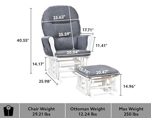 Nursery Glider & Ottoman Set, Reclining Rocker with Padded Arms - White, Dark Gray