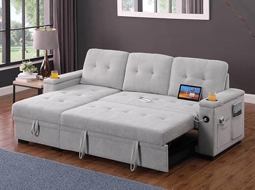 Eafurn Reversible Corduroy L-Shaped Sleeper Sectional With Chaise, USB Ports, Living Room Sofa Bed