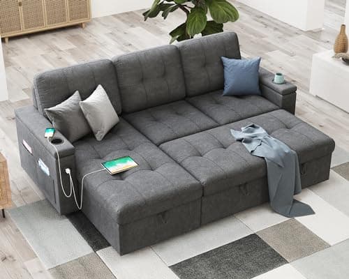 AMERLIFE Dark Grey 84 Inch L Shaped Pull Out Couch Bed with Storage