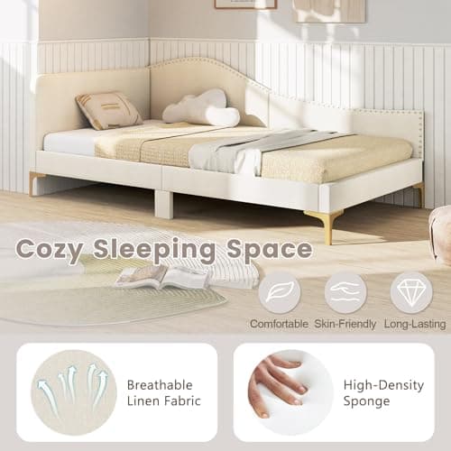 Giantex Beige Rivet-Tufted Twin Daybed with Storage Legs