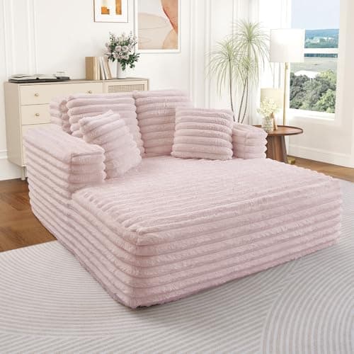 Oversized Chaise Lounge Indoor Beige Modern Plush Corduroy Fabric Deep Seat Boneless Memory Foam Sleeper Sofa Chair with Pillows for Living Room Bedroom Studio No Assembly Couch