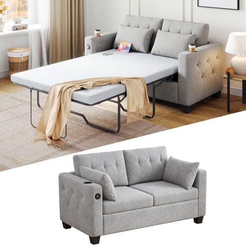 LINSY HOME Full Size Pull-Out Sofa Bed with USB Charging (Grey)