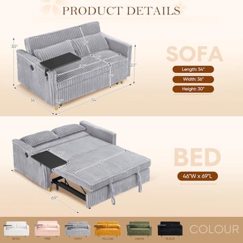 Antetek 3-in-1 Corduroy Convertible Sofa Bed, Gray with Movable Table & USB Ports